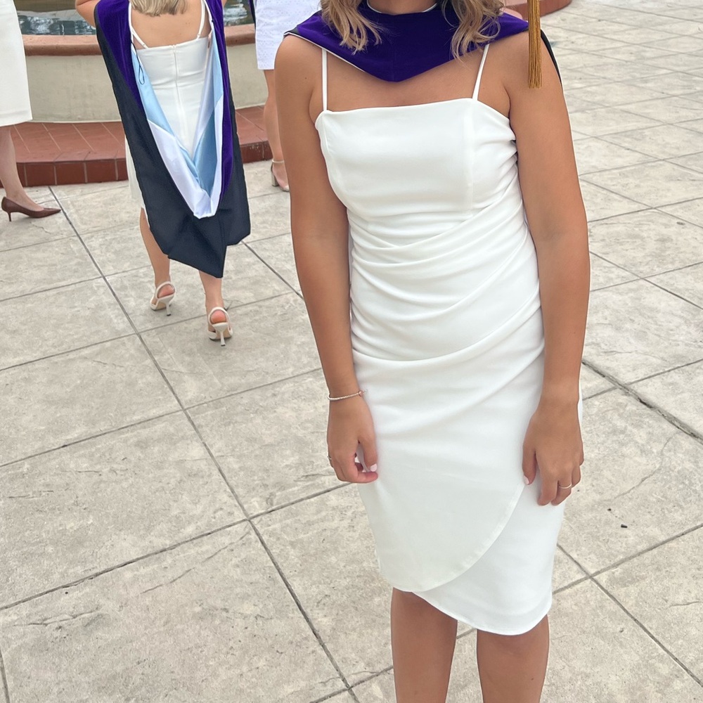 Ruched white spaghetti strap dress